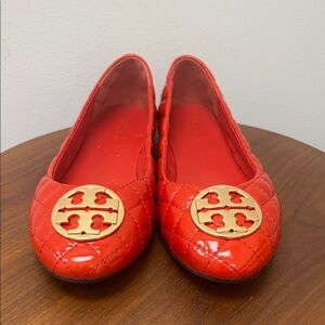 Tory Burch Quilted Red Flats with Gold Logo